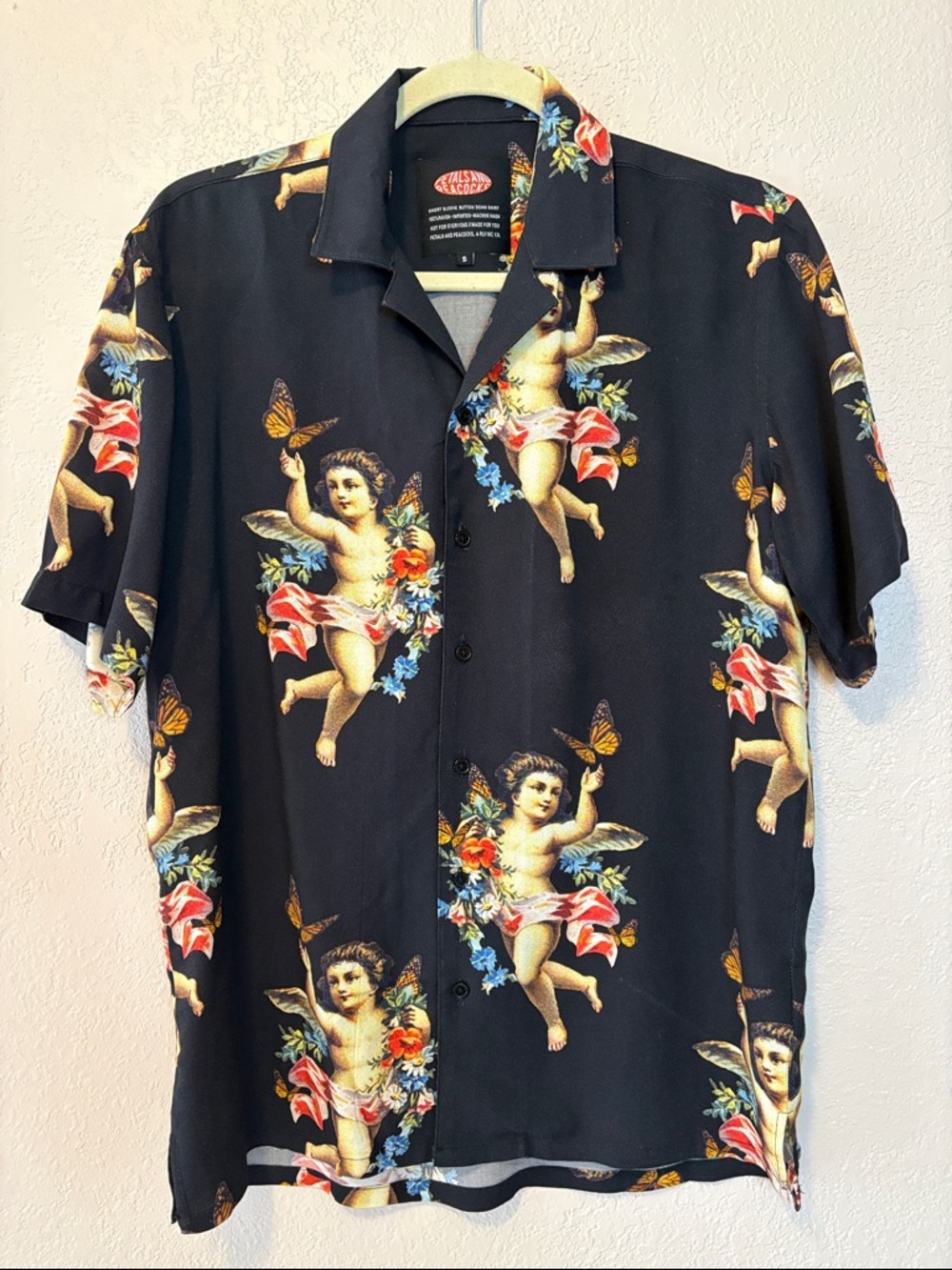 Petals and Peacocks angels floral black shirt